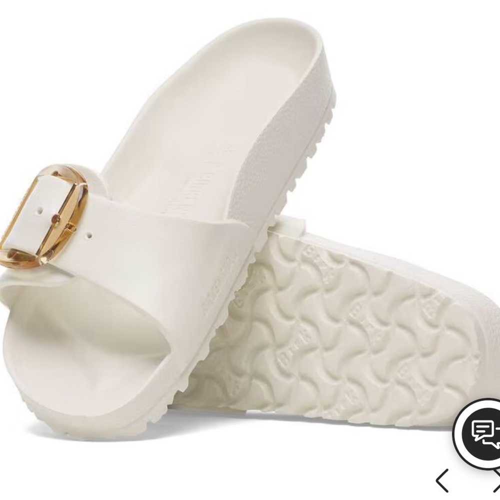 Birkenstock White Slide Sandals with Gold Buckle